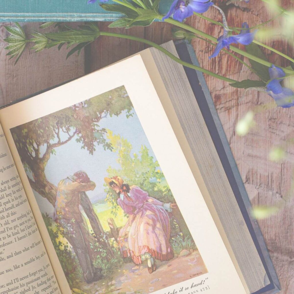 Flowers over an open novel illustration of girl